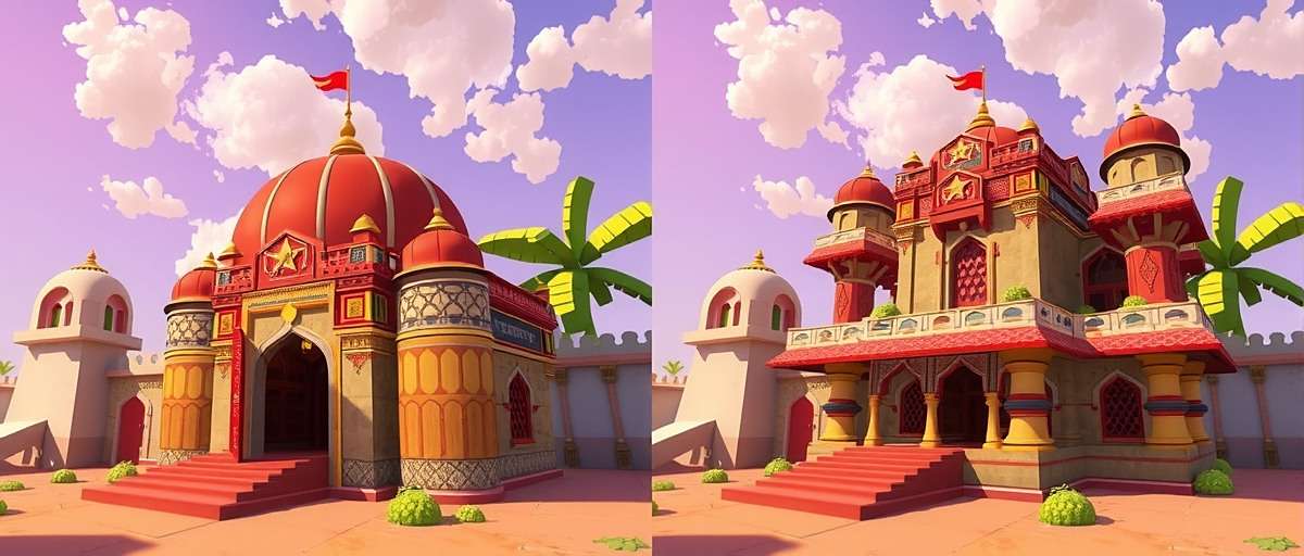 Star Anise Victor Regional Environments Regional variations of Star Anise Victor game environments showing North Indian and South Indian architectural styles